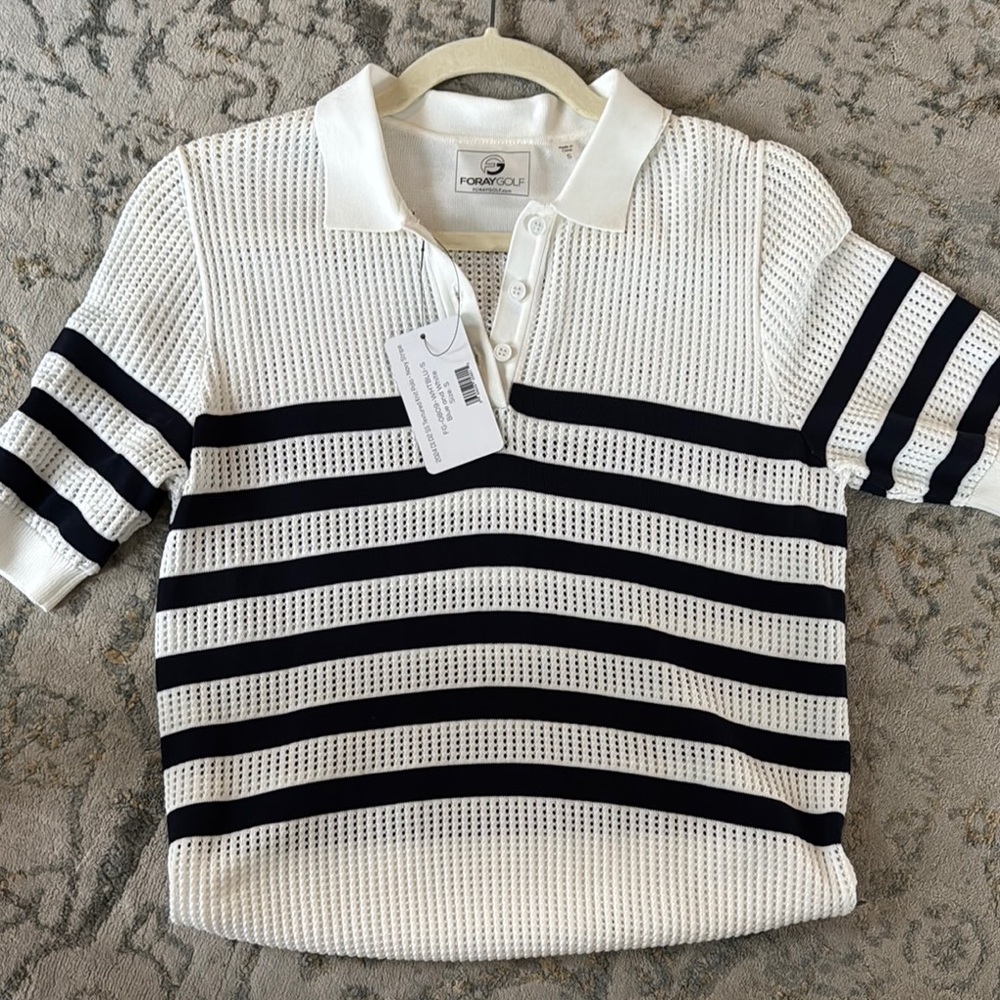 Women’s FORAY GOLF Striped Polo - White and Navy